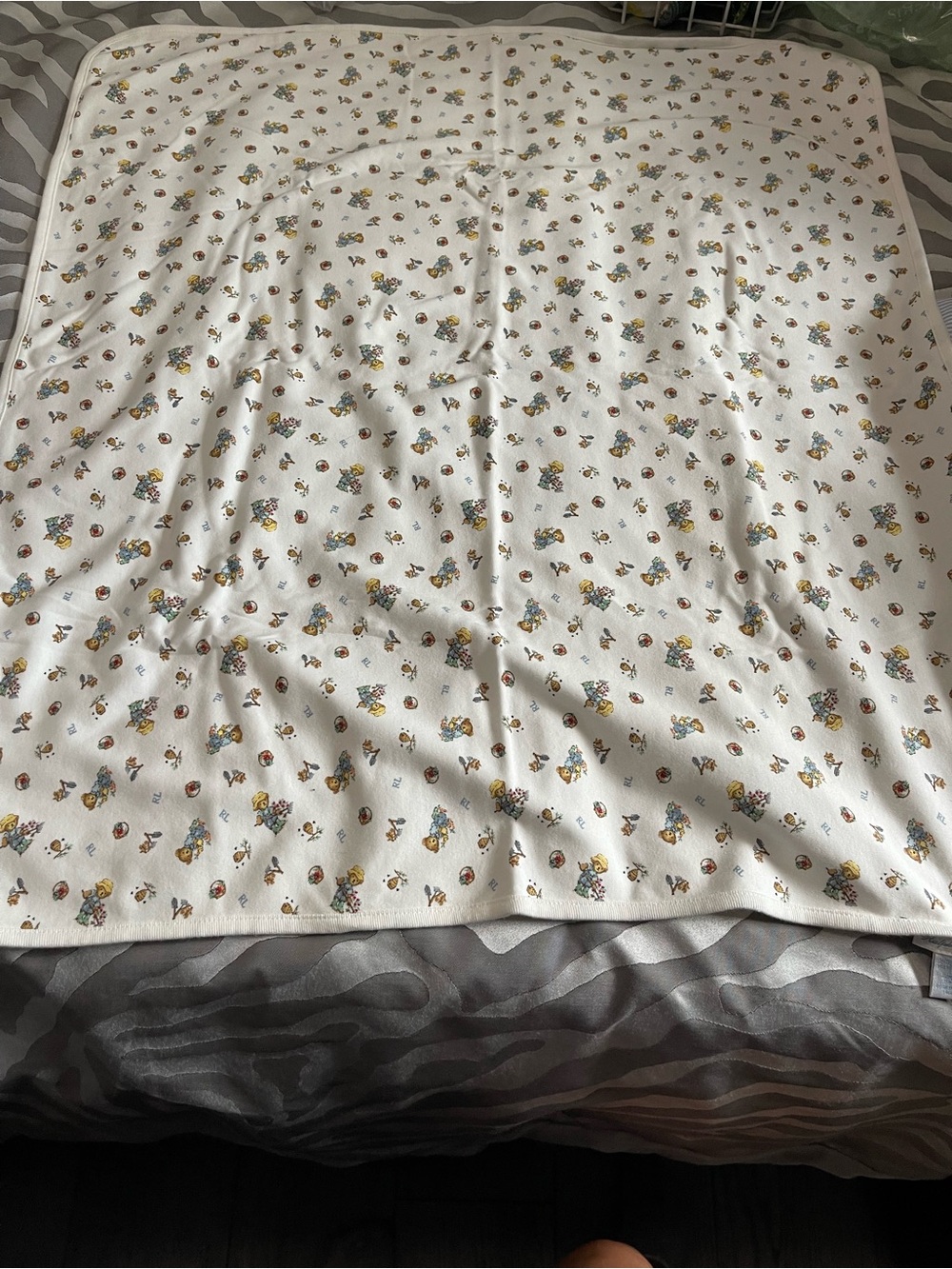 Ralph Lauren White Baby Blanket with Multicolor Floral Motif